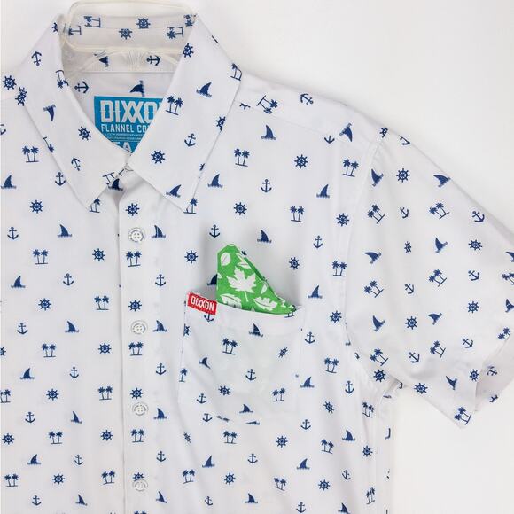 Dixxon Short Sleeve Button Up Men's Small White Blue Nautical "Sea Life" Logo - Picture 4 of 14